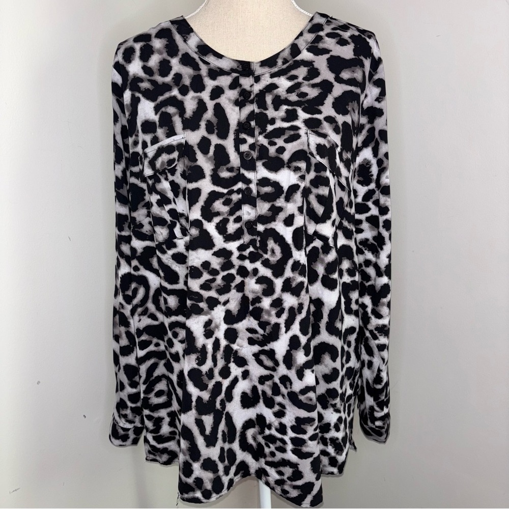 Susan Graver black & gray leopard print woven long sleeve blouse size XL